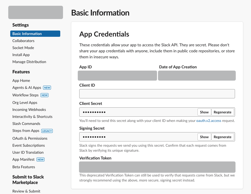 Slack app credentials